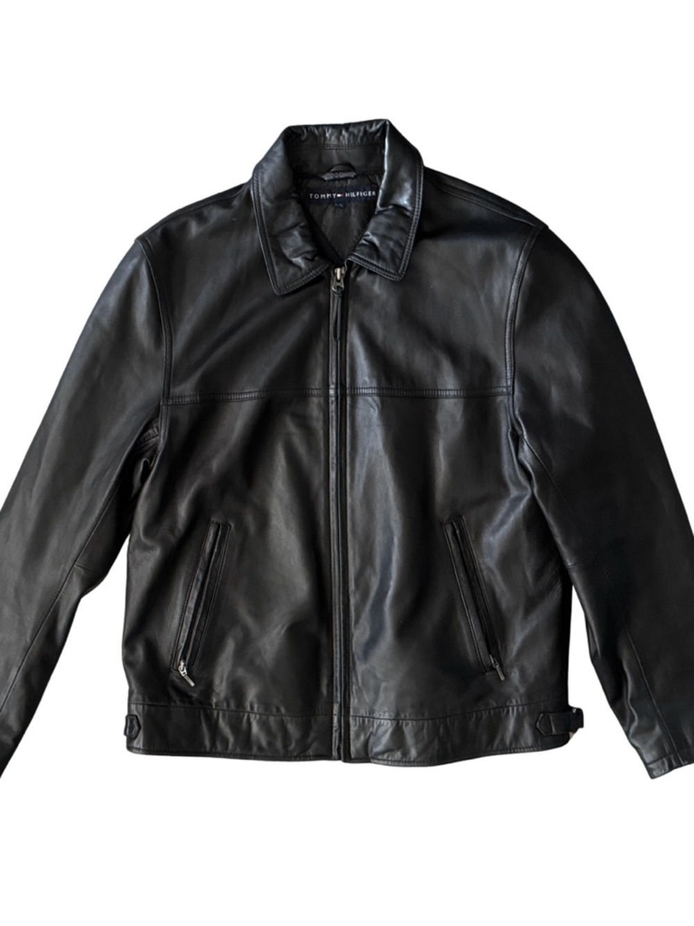 Mens vintage Y2K Tommy Hilfiger Black Leather Bomber Jacket - Soft Shell